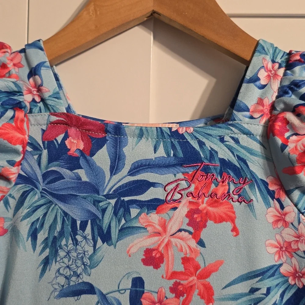 Tommy Bahama Dress Girls 4T Toddler Blue Multi Tiered Puff Sleeve Logo Tropical - Picture 6 of 9